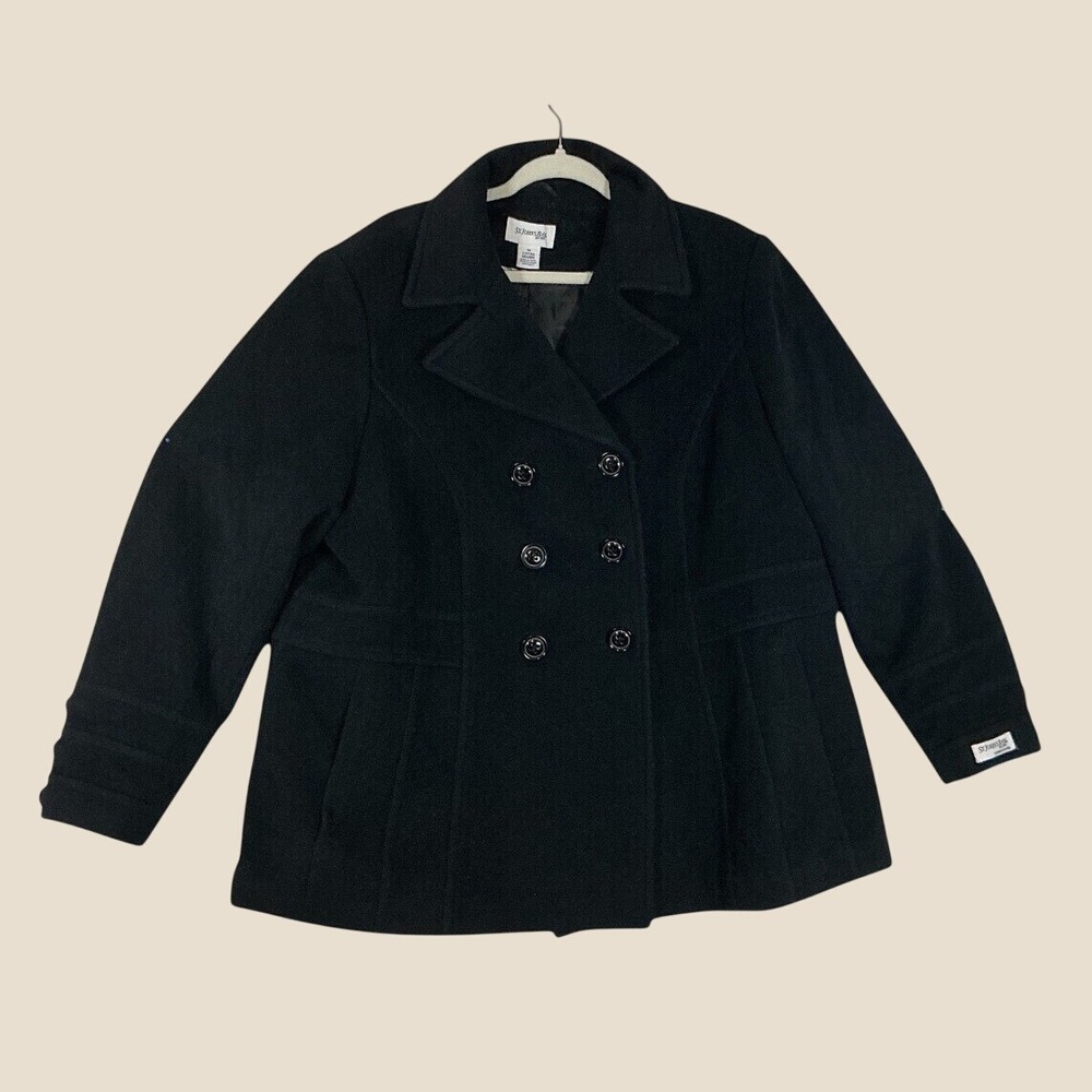 St Johns Bay Womens Black Double Breasted Pea Coat Jacket Plus Size 2X Wool
